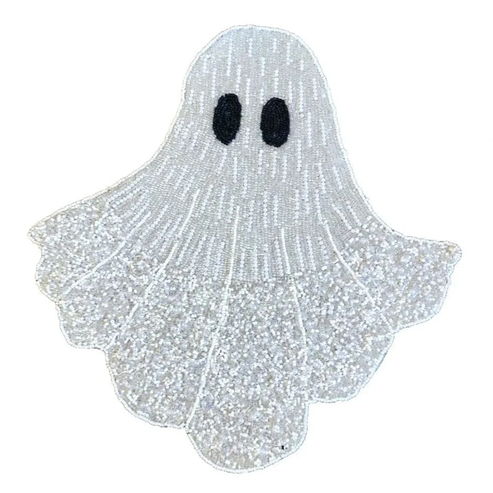 Ghost Beaded Halloween Placemat Charger White Silver Christian Siriano 16x15